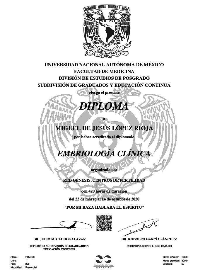 Certificado especialista en Fertilidad de Culiacan